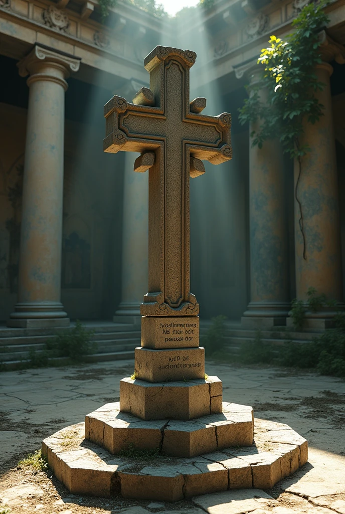 Make a monument resembling a stone cross, com about placa escrita axolomeinem Next from bi'pfi person tsi, in a monumental building abandoned for 130 years, make the image photo realistic.