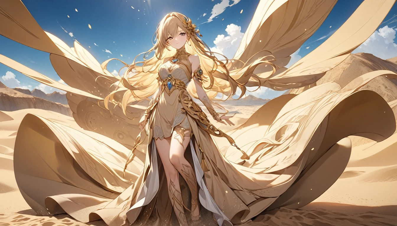 **297. One person。Personification of Sand。The incarnation of sand symbolizing the flow of time。Cowboy shot or close-up。  
masterpiece, best quality, ultra detailed (Detailed fingers), (Emotional), (Breathtakingly beautiful),  
(main part: 1.2 Whole body。), (Anime Style), (Very detailed), (Sand Personification),  
(超High resolution, High resolution), (8k), (High resolution: 1.2), (Complex and beautiful: 1.2)**
- background: A sprawling desert、A landscape dotted with hourglasses, which symbolize time。
- Personification: Young woman, around 18 years old、Wearing a dress that resembles flowing sand。
-pose: Like sand falling from your hands、Standing calmly。
-expression: A calm expression that seems to accept the passage of time。
- Effects: Sand blowing in the wind、The atmosphere of time passing slowly。
-color: Gold and beige、A color that symbolizes the warmth of sand and the passage of time。

