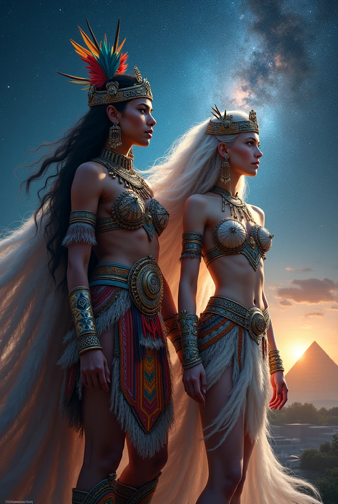 Great Aztec warrior woman proudly carrying her ichcahuipilli behind her the goddess Coyolxauhqui in her mystical form 