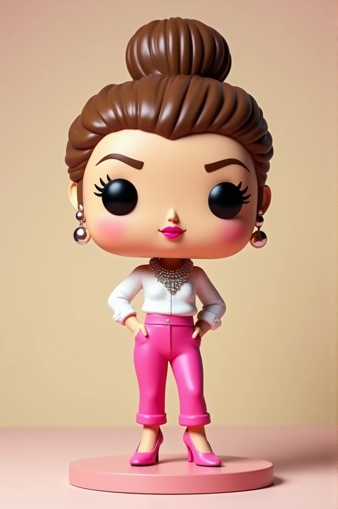 Make a Funko Pop of a White-Skinned Human Woman, Light brown bun hair, pink lipstick,with pink pants, white shirt, with necklace and high heels. no tattoos.
