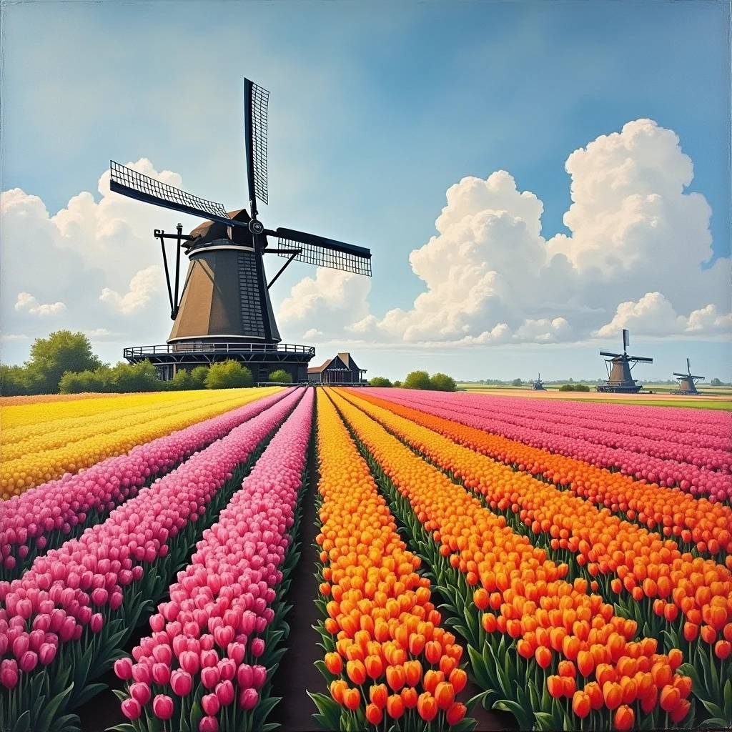 A masterpiece of canvas in the style of Claude Monet,Tulip fields in the Netherlands