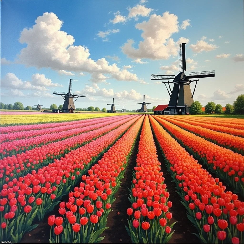 A masterpiece of canvas in the style of Claude Monet,Tulip fields in the Netherlands