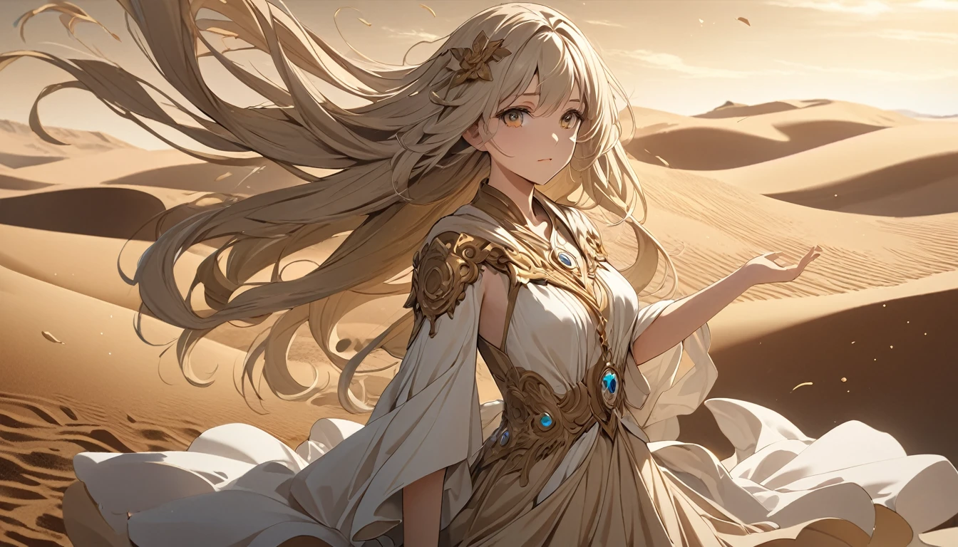 **297. One person。Personification of Sand。The incarnation of sand symbolizing the flow of time。Cowboy shot or close-up。
masterpiece, best quality, ultra detailed (Detailed fingers), (Emotional), (Breathtakingly beautiful),
(main part: 1.2 Whole body。), (Anime Style), (Very detailed), (Sand Personification),
(超High resolution, High resolution), (8k), (High resolution: 1.2), (Complex and beautiful: 1.2)**
- background: A sprawling desert、A landscape dotted with hourglasses, which symbolize time。
- Personification: Young woman, around 18 years old、Wearing a dress that resembles flowing sand。
-pose: Like sand falling from your hands、Standing calmly。
-expression: A calm expression that seems to accept the passage of time。
- Effects: Sand blowing in the wind、The atmosphere of time passing slowly。
-color: Gold and beige、A color that symbolizes the warmth of sand and the passage of time。