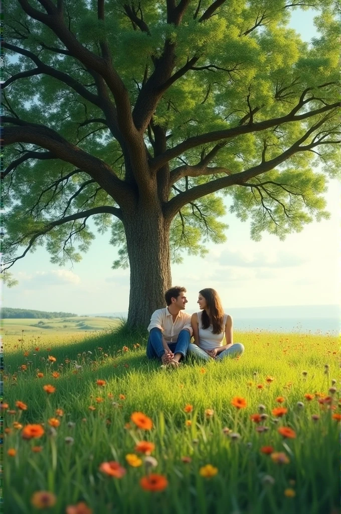 a couple sitting on the grass, next to each other, under the shade of a big tree. The couple is relaxed and smiling, enjoying the moment together. Around it, the landscape is serene, with wild flowers scattered across the field and a clear sky.
