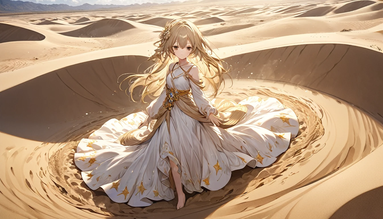 **297. One person。Personification of Sand。The incarnation of sand symbolizing the flow of time。Cowboy shot or close-up。
masterpiece, best quality, ultra detailed (Detailed fingers), (Emotional), (Breathtakingly beautiful),
(main part: 1.2 Whole body。), (Anime Style), (Very detailed), (Sand Personification),
(超High resolution, High resolution), (8k), (High resolution: 1.2), (Complex and beautiful: 1.2)**
- background: A sprawling desert、A landscape dotted with hourglasses, which symbolize time。
- Personification: Young woman, around 18 years old、Wearing a dress that resembles flowing sand。
-pose: Like sand falling from your hands、Standing calmly。
-expression: A calm expression that seems to accept the passage of time。
- Effects: Sand blowing in the wind、The atmosphere of time passing slowly。
-color: Gold and beige、A color that symbolizes the warmth of sand and the passage of time。