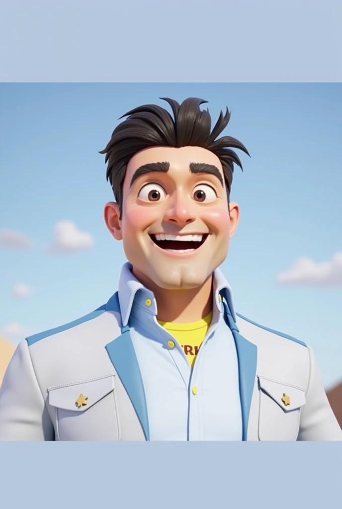 Cartoon character of a man blue shirt, age 45, an animated character, stylized character, animation style rendering, 3d stylized, smiling wearing a cowboy hat adorned with star cutouts and a light brown suede jacket. He has a bright yellow t-shirt underneath with text in a stylized font.. The background is blurred, suggesting a sunny outdoor environment.