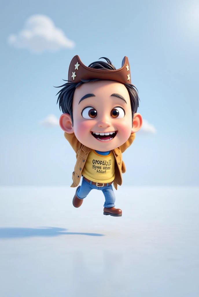 Cartoon character of a man blue shirt, age 45, an animated character, stylized character, animation style rendering, 3d stylized, smiling wearing a cowboy hat adorned with star cutouts and a light brown suede jacket. He has a bright yellow t-shirt underneath with text in a stylized font.. The background is blurred, suggesting a sunny outdoor environment.