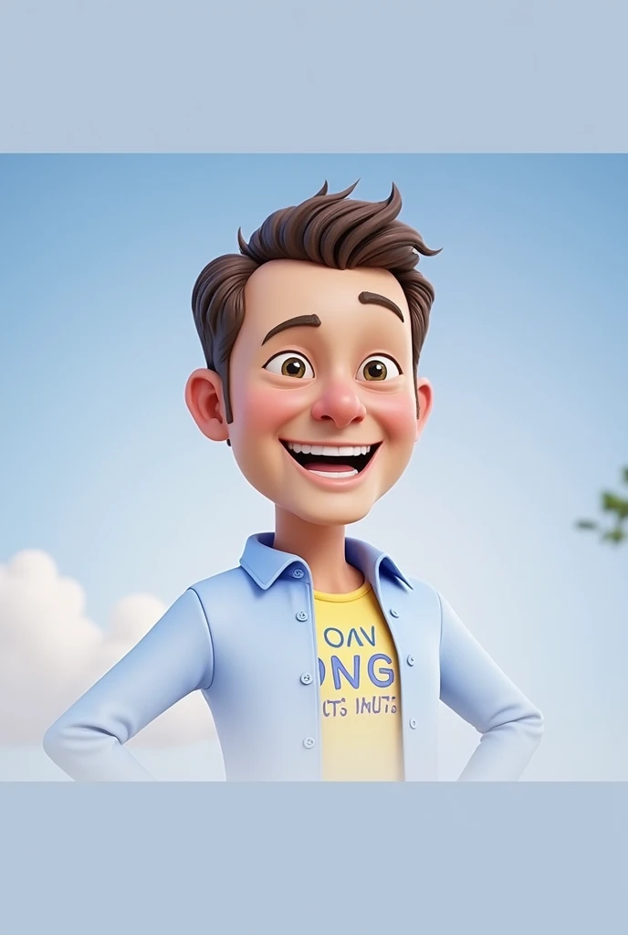 Cartoon character of a man blue shirt, age 45, an animated character, stylized character, animation style rendering, 3d stylized, smiling wearing a cowboy hat adorned with star cutouts and a light brown suede jacket. He has a bright yellow t-shirt underneath with text in a stylized font.. The background is blurred, suggesting a sunny outdoor environment.