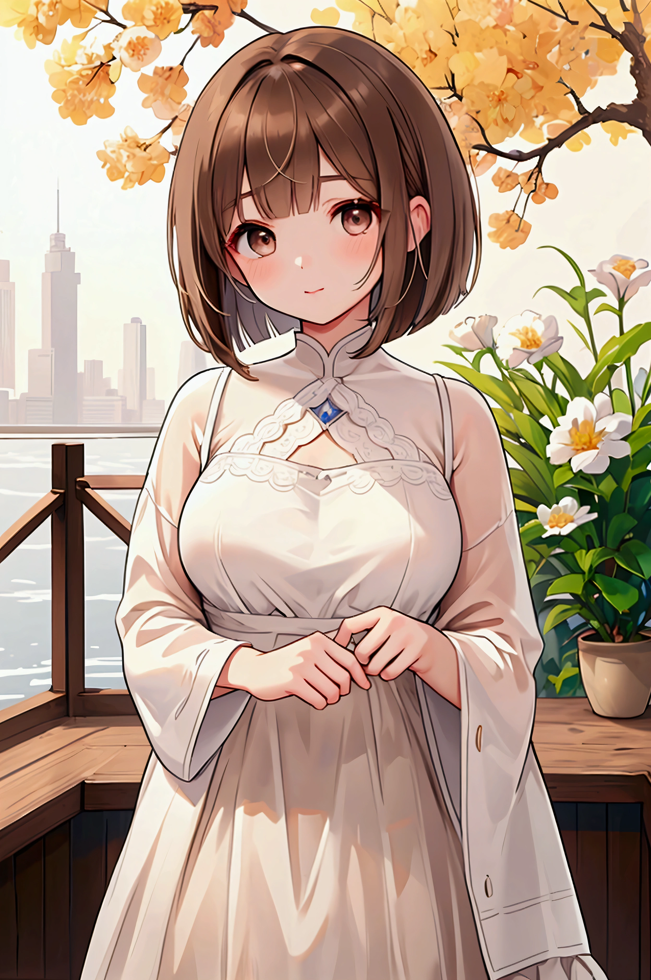 Photorealistic、Highest quality、Highest Resolution、Highest quality、16K、1 beautiful adult woman、Cute face、Delicate face、Bob cut hair、Ash brown hair color、Brown eyes、Delicate eyes、Beautiful Eyes、Beautiful breasts、Big Breasts、Boyish clothes、