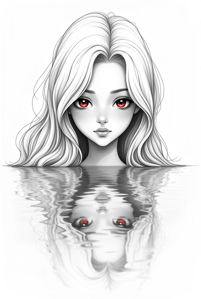 Jacques prevert black and white illustration art, illustration of a beautiful girl, an teen body, detail face, a white very long hair, ruby eyes, perspective - the reflection of a face in the water, line draw, white simple background, masterpiece --ar 2:3 --stylize 50