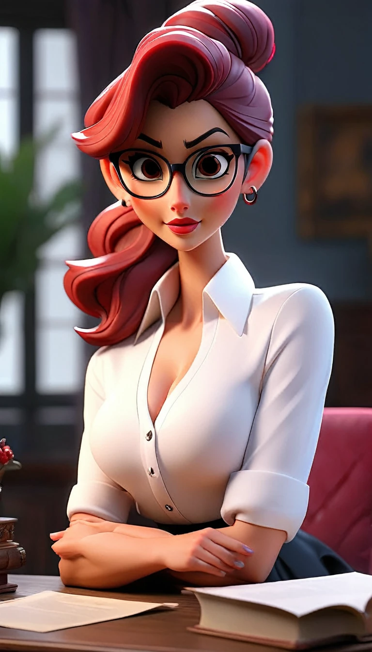 (((( Is holding a blank white sign with both hands reaching out, Holding sign that is blank.))))), ((((white dress shirt open cleavage)))), ((((black skirt)))), (( black boots)),((big boobs)),(((siting on desk ))), ((((red round glasses))), Sexy fitness instructor, 1 Female, naked:1.2,, (light purple messy bun ponytail) (black collar), (messy bun ponytail), (thin),(skinny), (blue eyes), smile:1.3, Beautiful eye color, Pose looking, Training Equipment, Sexy pose, Cinematic lighting, dramatic colors, Chiaroscuro, elegant, Elegant, Sensual beautiful detailed athletic woman, living room, Detailed room interior, Nasty, Alluring, (Highest quality:1.2, 4K, 8k, Very detailed, Attention to detail, masterpiece:1.2, Best aesthetics), blow out peek nipnipples