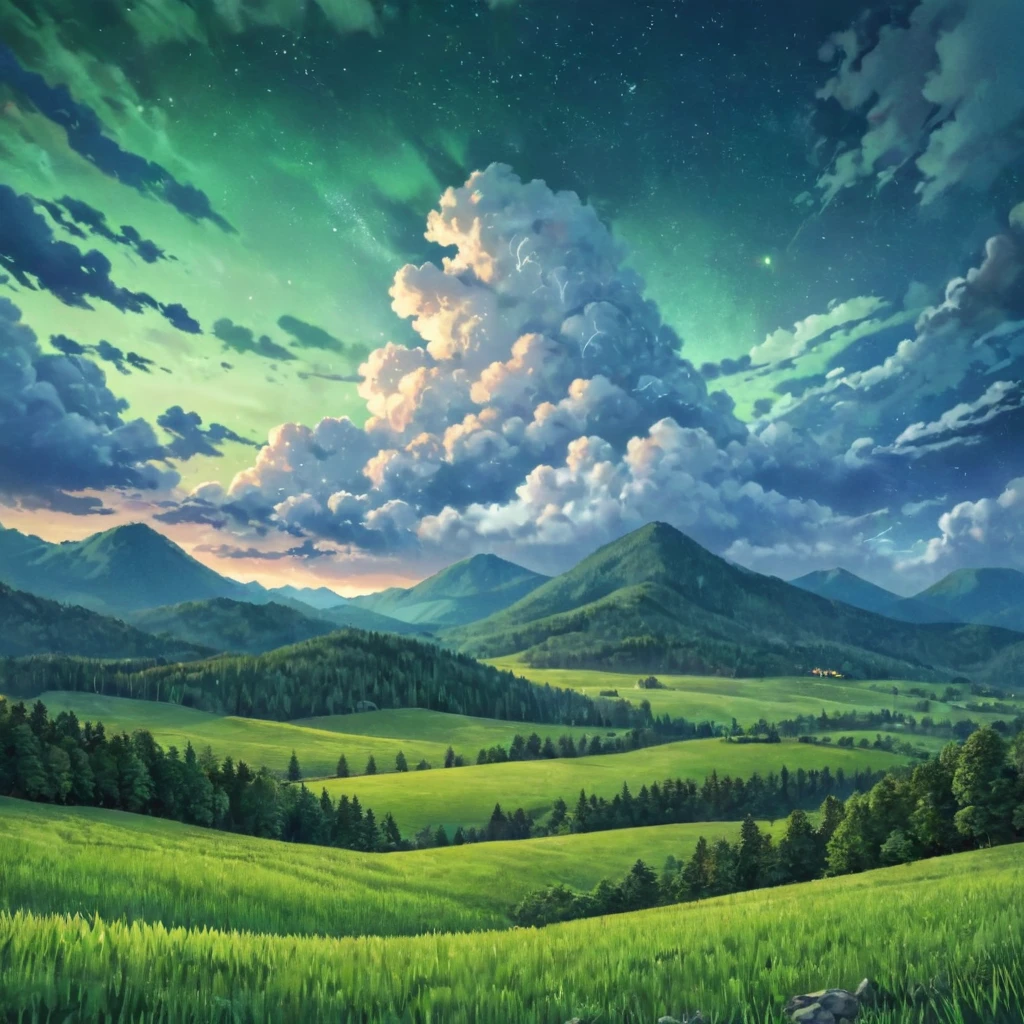 animated style，evening，night sky，Mountain々，surrounded by clouds，Green fields and forests，beautiful sky，beautiful views