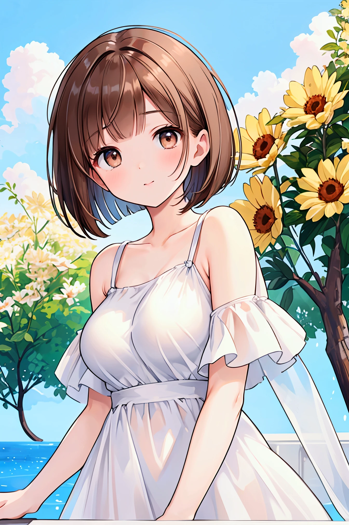 Photorealistic、Highest quality、Highest Resolution、Highest quality、16K、1 beautiful adult woman、Cute face、Delicate face、Bob cut hair、Ash brown hair color、Brown eyes、Delicate eyes、Beautiful Eyes、Beautiful breasts、Big Breasts、Cool clothes、Simple clothes、Blue sky、
