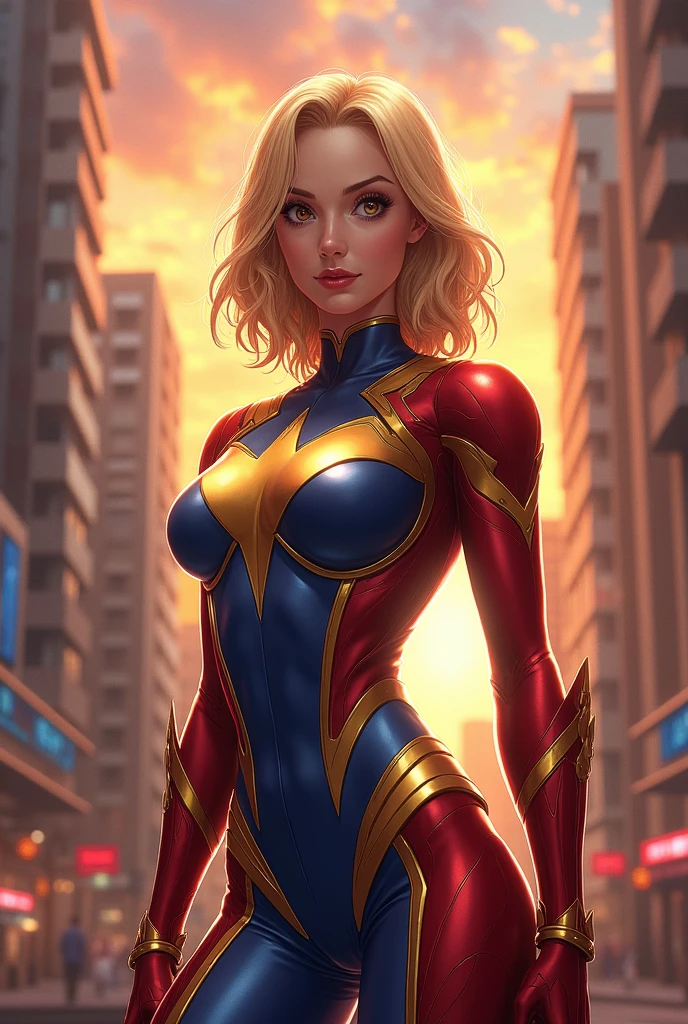 (photorealism:1.2), prettyy woman in My hero academia, Blonde short hair, but not so short, like by the neck. Using a hero swit