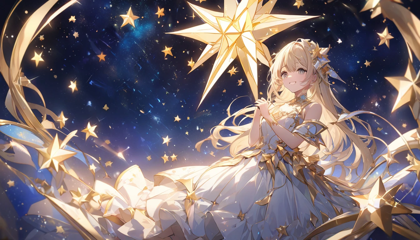 **299. One person。Personification of the stars。The embodiment of the star that symbolizes shining hopes and dreams。Cowboy shot or close-up。
masterpiece, best quality, ultra detailed (Detailed fingers), (Emotional), (Breathtakingly beautiful),
(main part: 1.2 Whole body。), (Anime Style), (Very detailed), (star personification),
(超High resolution, High resolution), (8k), (High resolution: 1.2), (Complex and beautiful: 1.2)**
- background: Twinkling stars in the night sky々、A landscape dotted with countless lights。
- Personification: Young woman, around 18 years old、Wearing a dress that resembles the sparkle of stars。
-pose: Hold the star in your palm、Speaking of hope。
-expression: A bright smile full of hope、A look that speaks of dreams。
- Effects: Starlight scattered all around、A fantastic glowing effect。
-color: Gold and White、A hue that symbolizes the brilliance of the stars。