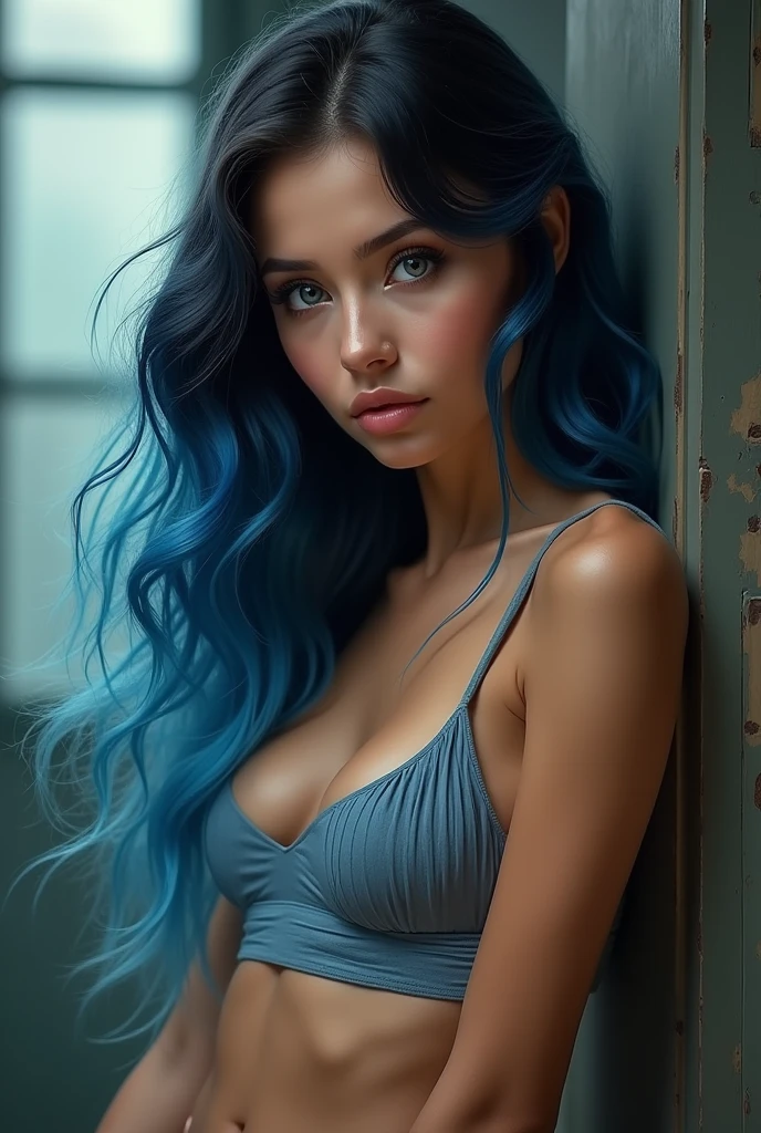 masterpiece), 1girl, solo, mature, sexy, highly detailed face and eyes, professional makeup, sleeveless cropped top, skirt, blue-black dual tone long hair, glowing blue eyes (realistic)