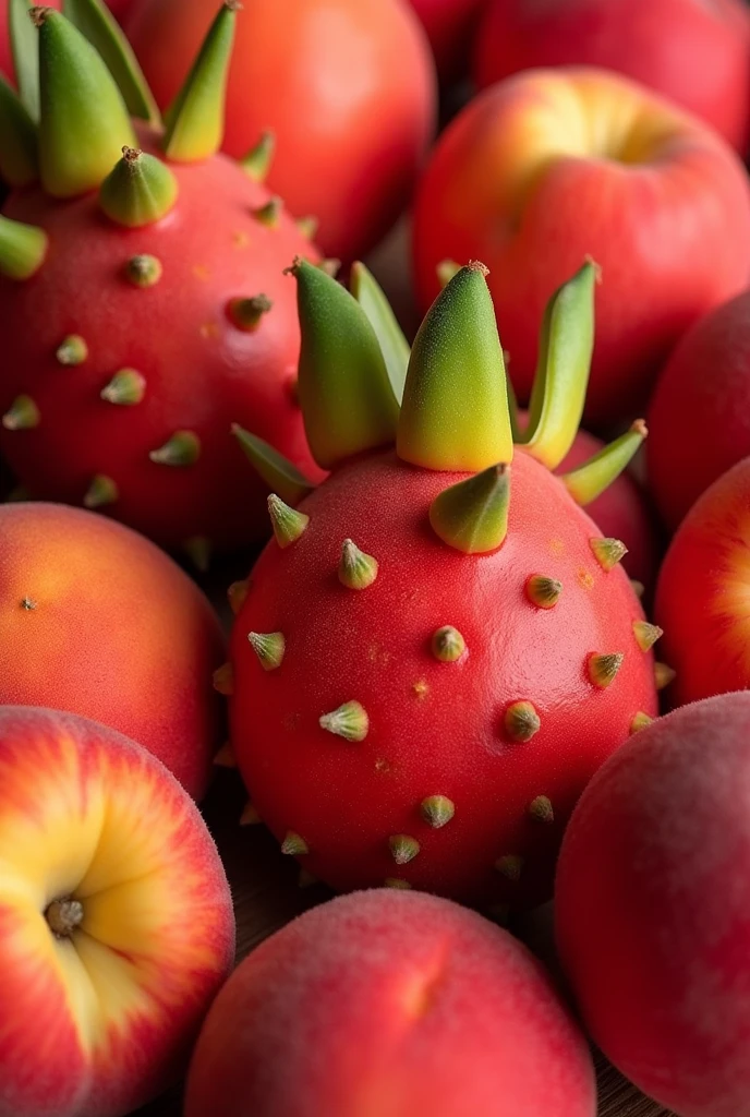 Image of red fruits with soursop and peaches without any realistic background