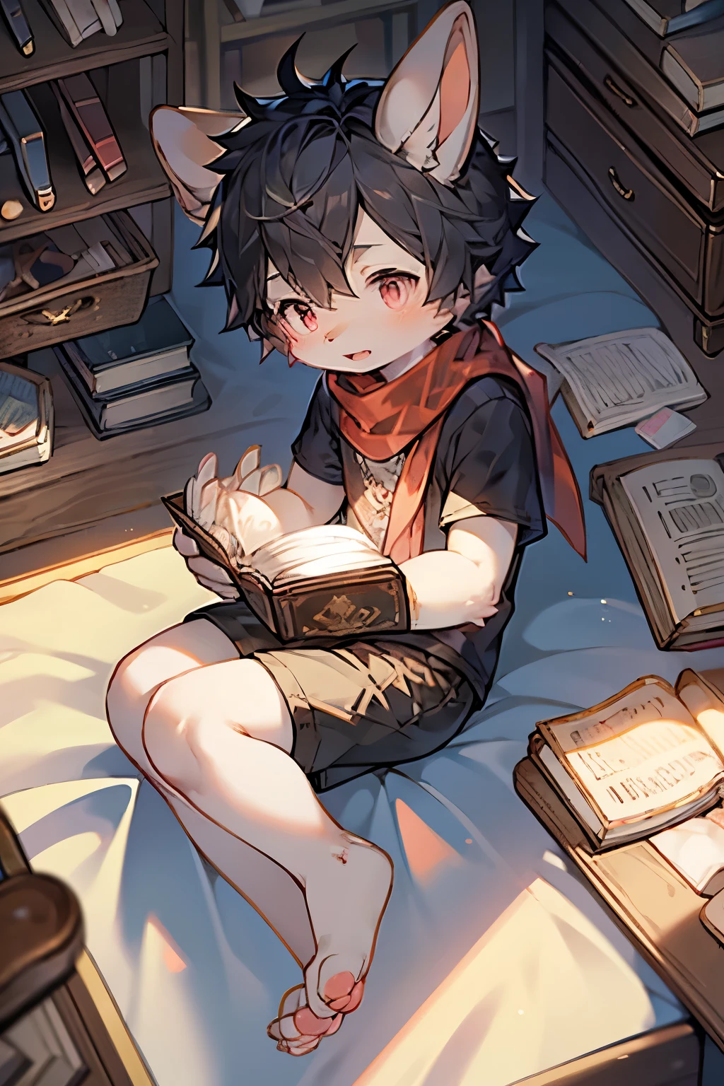 Dwarf Rabbit Boy，Bunny ears，Furry boys，Infant and child characteristics，White skin，Gray Arm，Little Feet，Red pupil，scarf，Short sleeve，shorts，library，Reading，Book pile