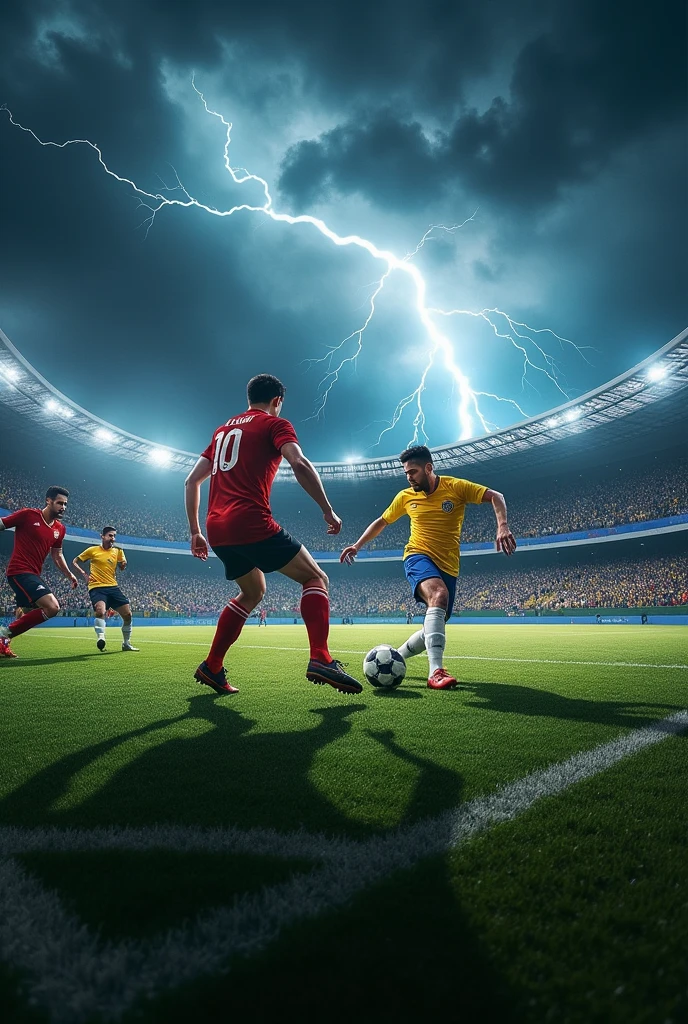 Santo Paulo do Sao Paulo Football Club playing Valorant at Morumbis in an ultra-realistic art with lightning and thunder in the sky