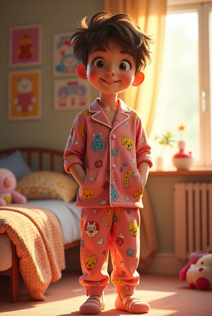 (photorealism) a  teenager wearing pajamas cartoon characters print full body