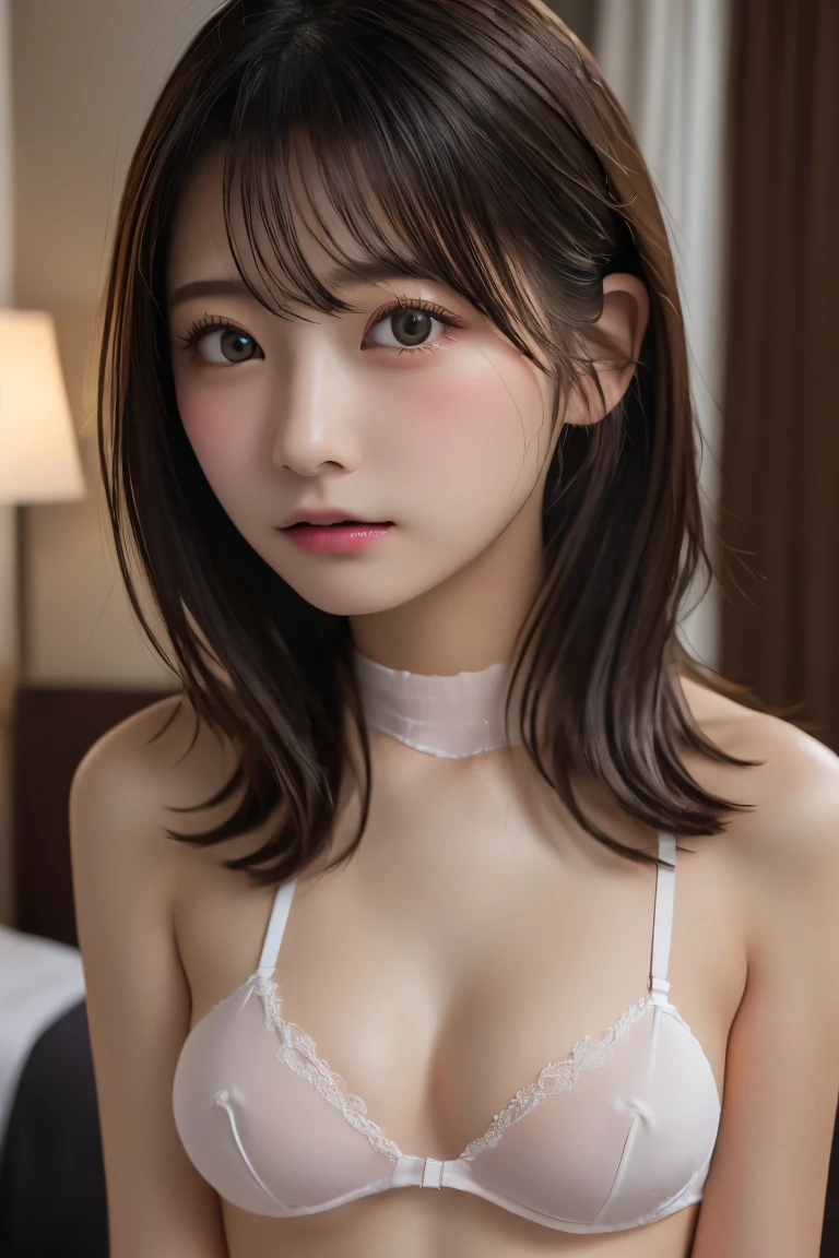 Highest quality, (beautiful)、beautiful女性、、Precision Eyes、Looking into the camera、Straight medium hair、Hair down to the neck、Hotel room、Completely naked、Precision nipples、Completely exposed breasts、Upper Body、See-through black lingerie、Sad expression