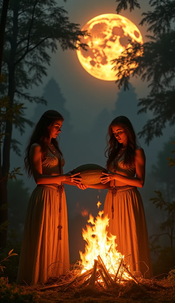 a fair-skinned woman with long straight light brown hair and another fair-skinned woman with shoulder-length wavy light brown hair, both Aztec and Mayan healers sitting with equal importance in the ritual, in a forest around a very high bonfire doing a cocoa ritual, one holding a large cocoa fruit and the other a bowl over the fire, in the background women dancing and a large golden lion coming out from behind and the cocoa fruit on the ground, convey depth. Above a dark black full moon with a halo around it like a spiritual portal in the late afternoon.. From the chests of the two women comes a glow that expands