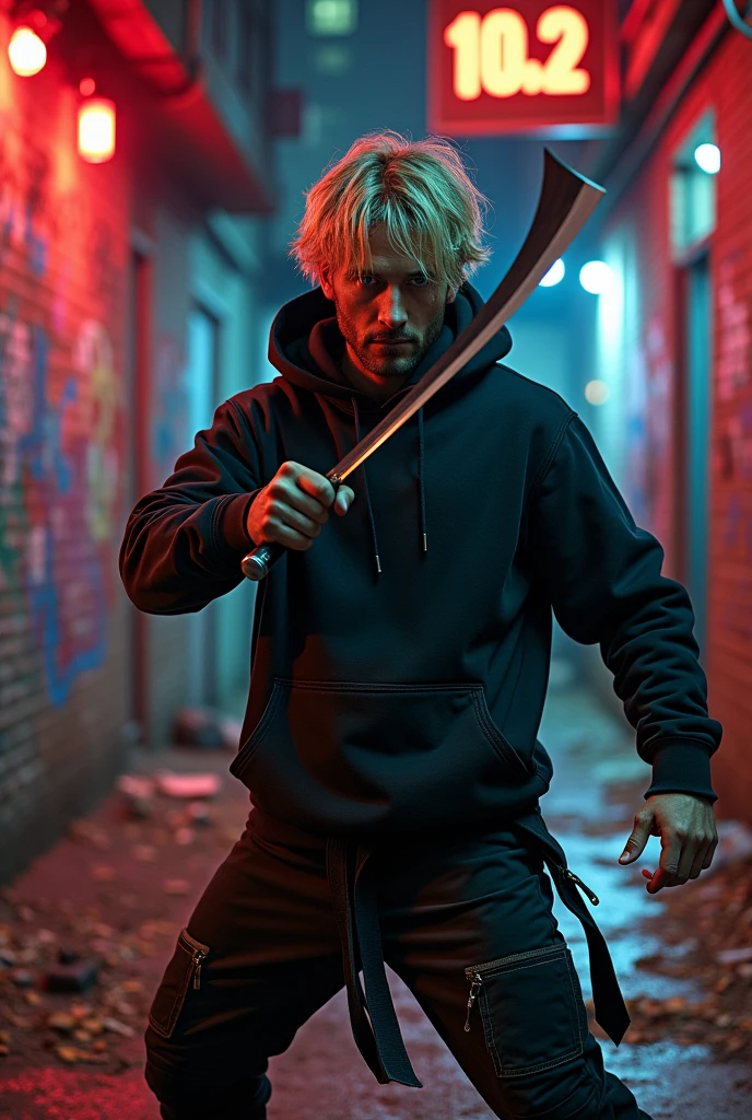Hoodie Man, blond hair, streetwear suit using punches and a scyte