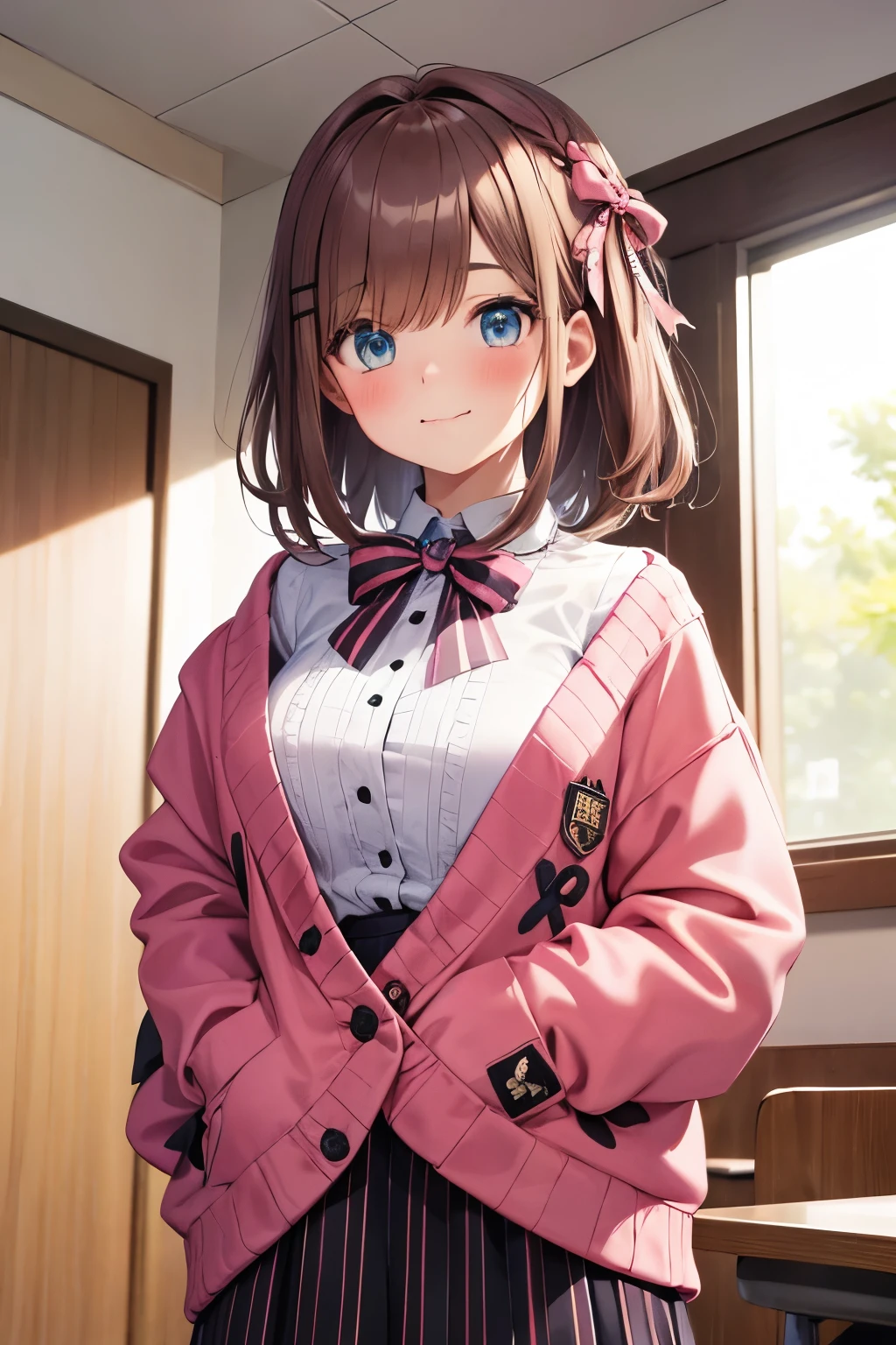 BREAK (lulu suzuhara), blue eyes, brown hair, short cut hair, hair ornament, hair over one eye, x-shaped hair clip, hair ribbon, bow tie, pink sweater jacket, black and pink stripes skirt with a bow, long skirt, (wavy mouth:1.3), BREAK (thin eyebrows, narrow eyebrows, downturned eyebrows), kindness smile, (humble girl, timid girl, modest girl, humility), (no lips), (tall height), 21 years old, BREAK university, lecture hall