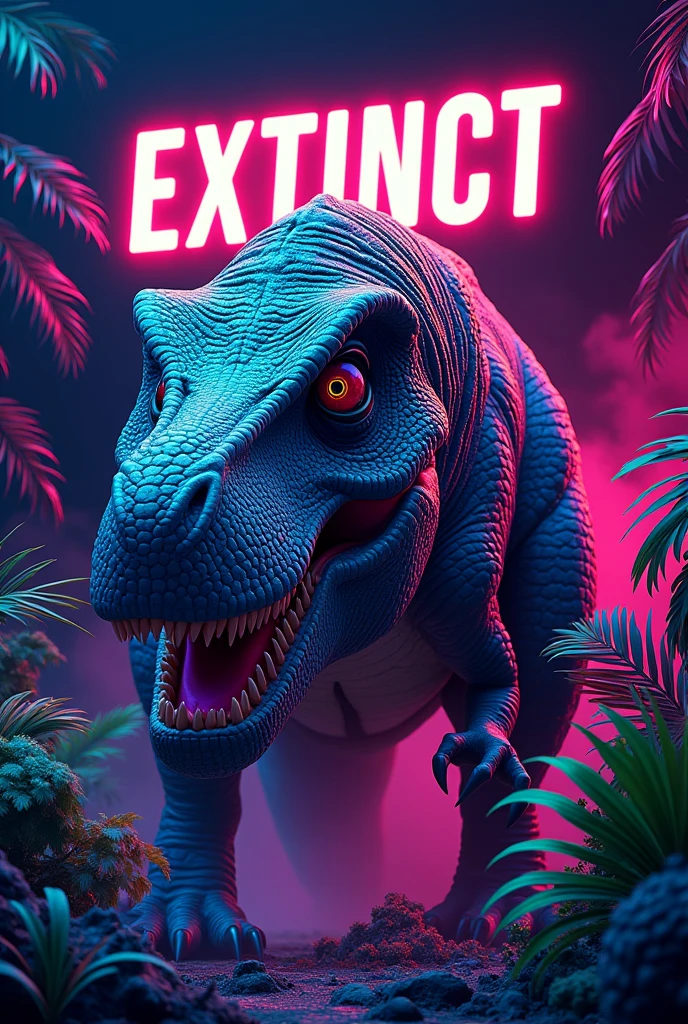 I want a design with a dinosaur and neon colors, about the dinosaur, The word EXTINCT comes out of the dinosaur's head