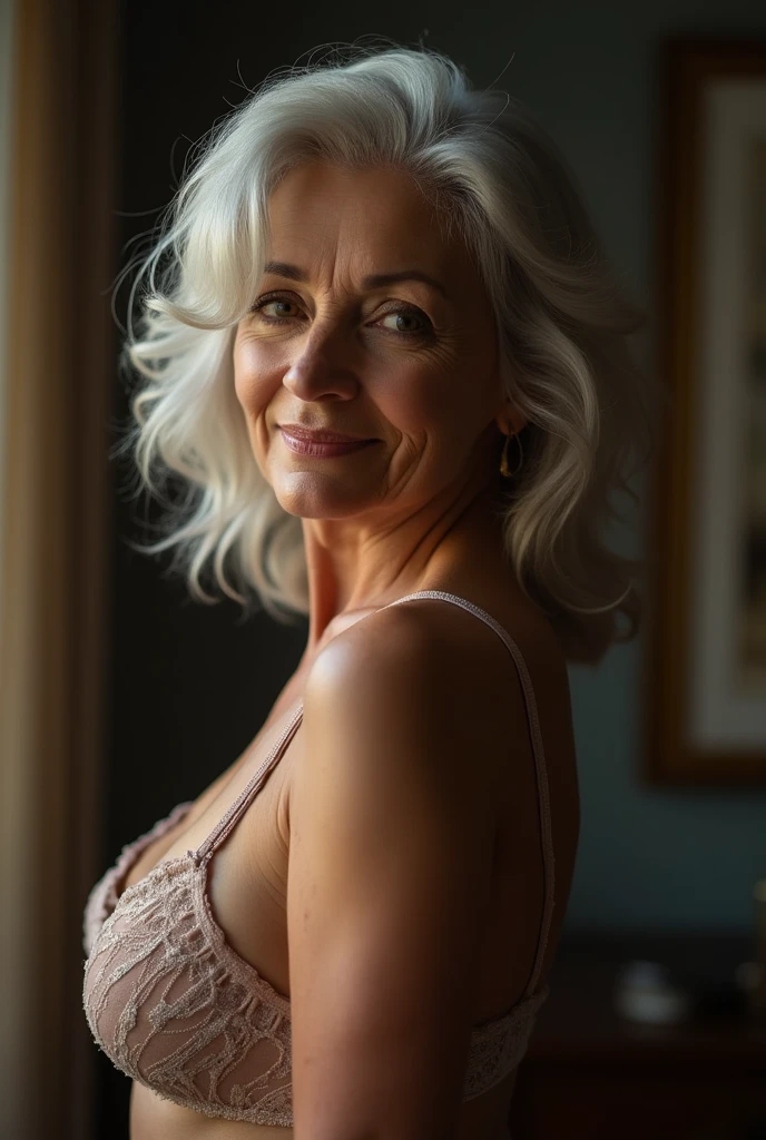 70 years old, an attractive woman named Nancy has silver hair, gaze, ((huge huge breasts)), bare breasts, sensual lingerie, clean, slight smile, teeth inside, dim lighting, extremely high detail, high dynamic range.