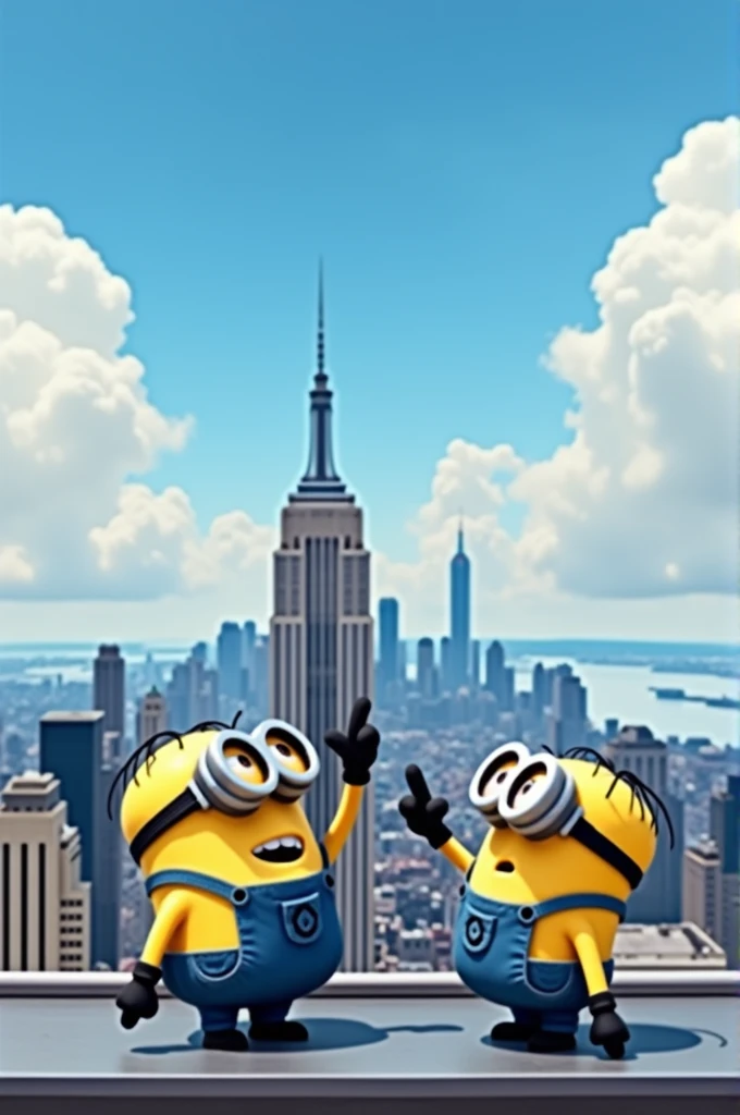 Image of a minion fron despicable me doing middle finger to the other minion from a world trade center 