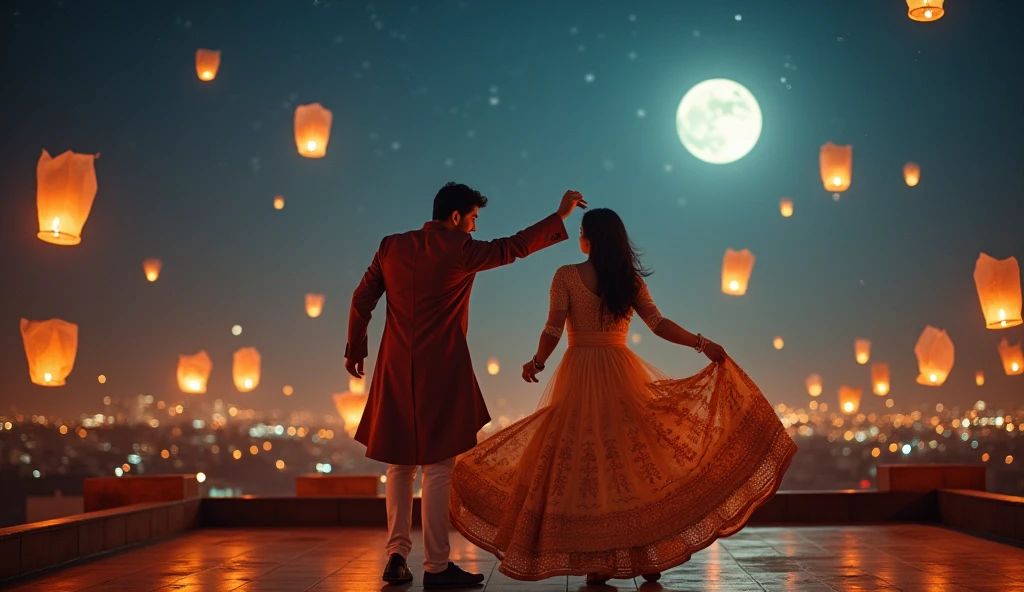 For an image based on the song *"Dil Ke Dhun Pe Nach Le,"* here's a detailed prompt:
"An enchanting night under a starry sky, with a full moon casting a soft glow. In the foreground, a vibrant couple dances joyfully on an open rooftop, surrounded by the twinkling lights of the city below. The woman wears a flowing, colorful lehenga with intricate designs, and the man is dressed in a stylish kurta and jacket. They are lost in each other’s eyes, their movements graceful and in sync. The background shows a dreamy landscape with floating lanterns rising into the night sky, and the air is filled with a sense of romance and celebration. The entire scene is bathed in a magical, warm light, making it feel like a beautiful moment captured from a classic Bollywood movie."
Let me know if you want me to generate this image.