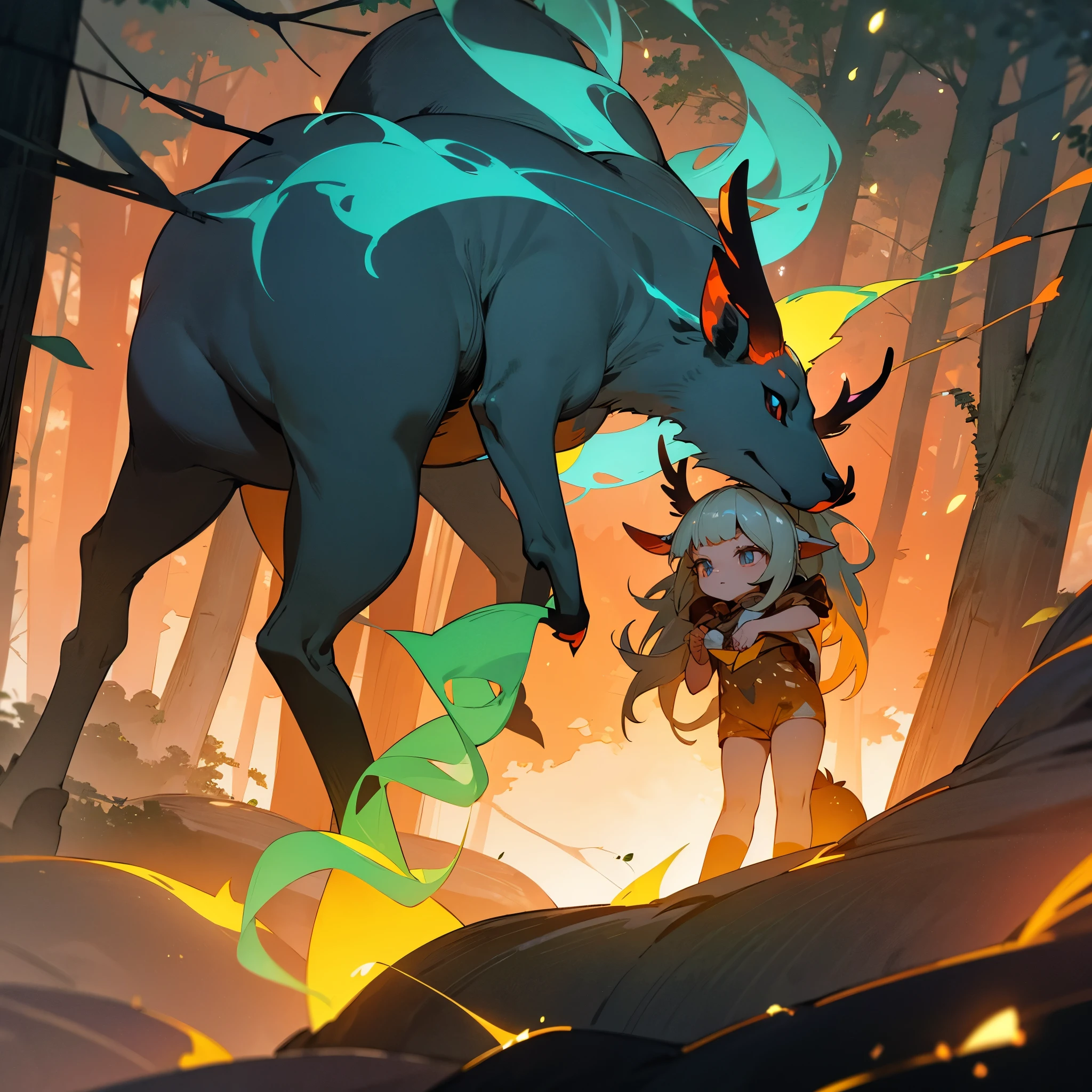 Mystical deer with fluorescent horns, forest with gigantic trees, sunset with fireflies.