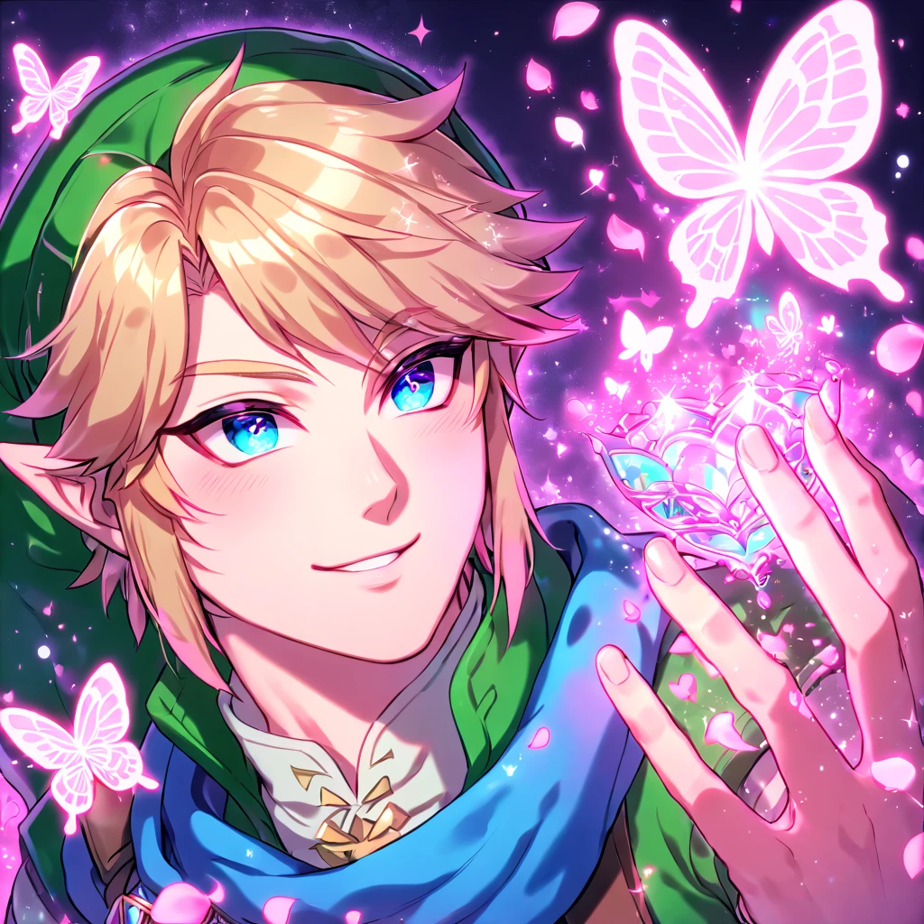 absurdres, highres, ultra detailed, HDR, master piece, Link, blonde hair, expressive blue eyes, blue scarf, green hat, green tunic, close up, The Legend Of Zelda (Hyrule Warriors), fantasy, glittering pink butterflies, petals, magical, handsome, sexy man, solo, very detailed eyes and face, glittering, pink flowers, sensual, crystal glass magic, pink shining fireflies, pink fire, handsome smile