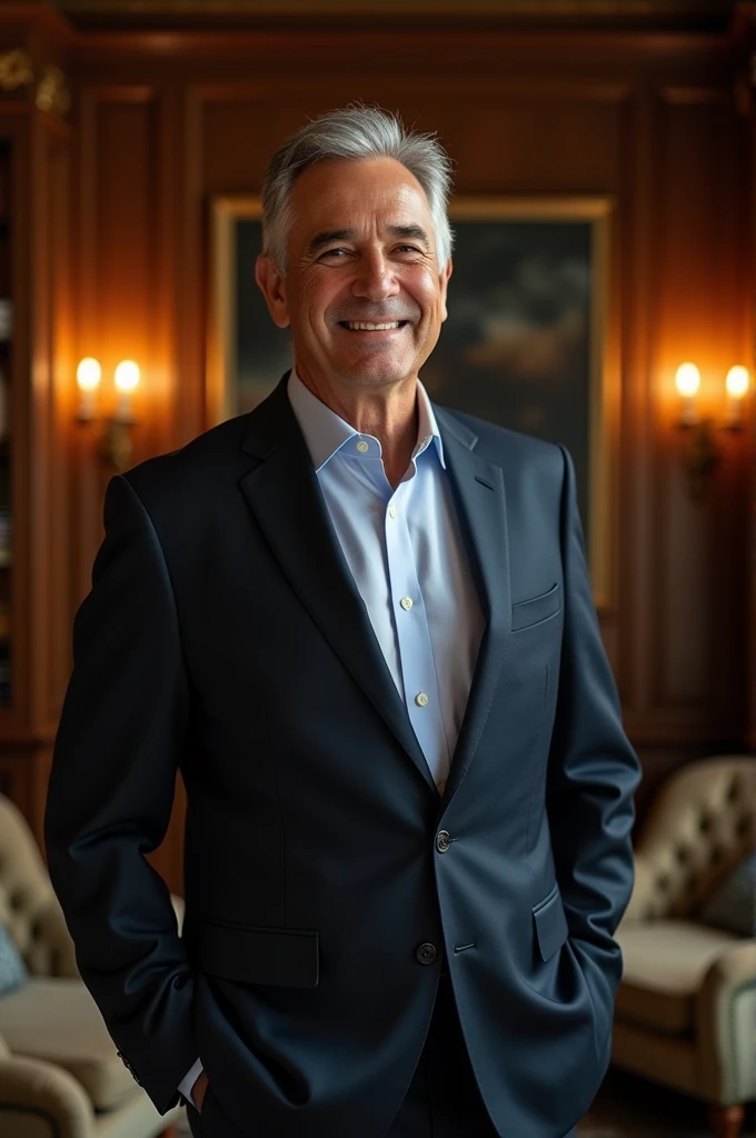 masterpiece, best quality, 1man, 50s, gray hair, sharp eyes, wearing a suit, gentleman, slight smile, indoors, warm lighting, detailed face