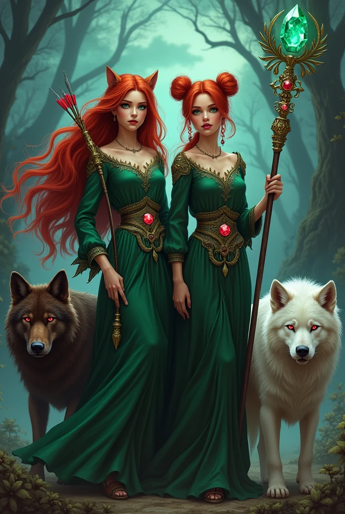 fantasy book cover. Two witch sisters of approximate age. The first sister has long, loose red hair and green eyes., carries a bow and arrow studded with rubies. The second sister has red hair tied in two buns and green eyes., carries a large staff with a green emerald stone on the tip. Two wolves protect them, the first wolf has brown fur and black eyes. The second wolf has white fur and red eyes..
In the background of the image a group of vampires hide in the shadows so that only their pairs of red eyes are visible..