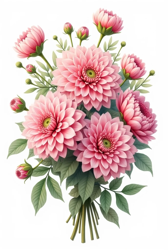 a robust bouquet with many flowers in watercolor illustration of spring pink Dahlia flower, isolated white background, vintage oil paint style