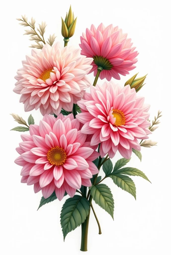 a robust bouquet with many flowers in watercolor illustration of spring pink Dahlia flower, isolated white background, vintage oil paint style
