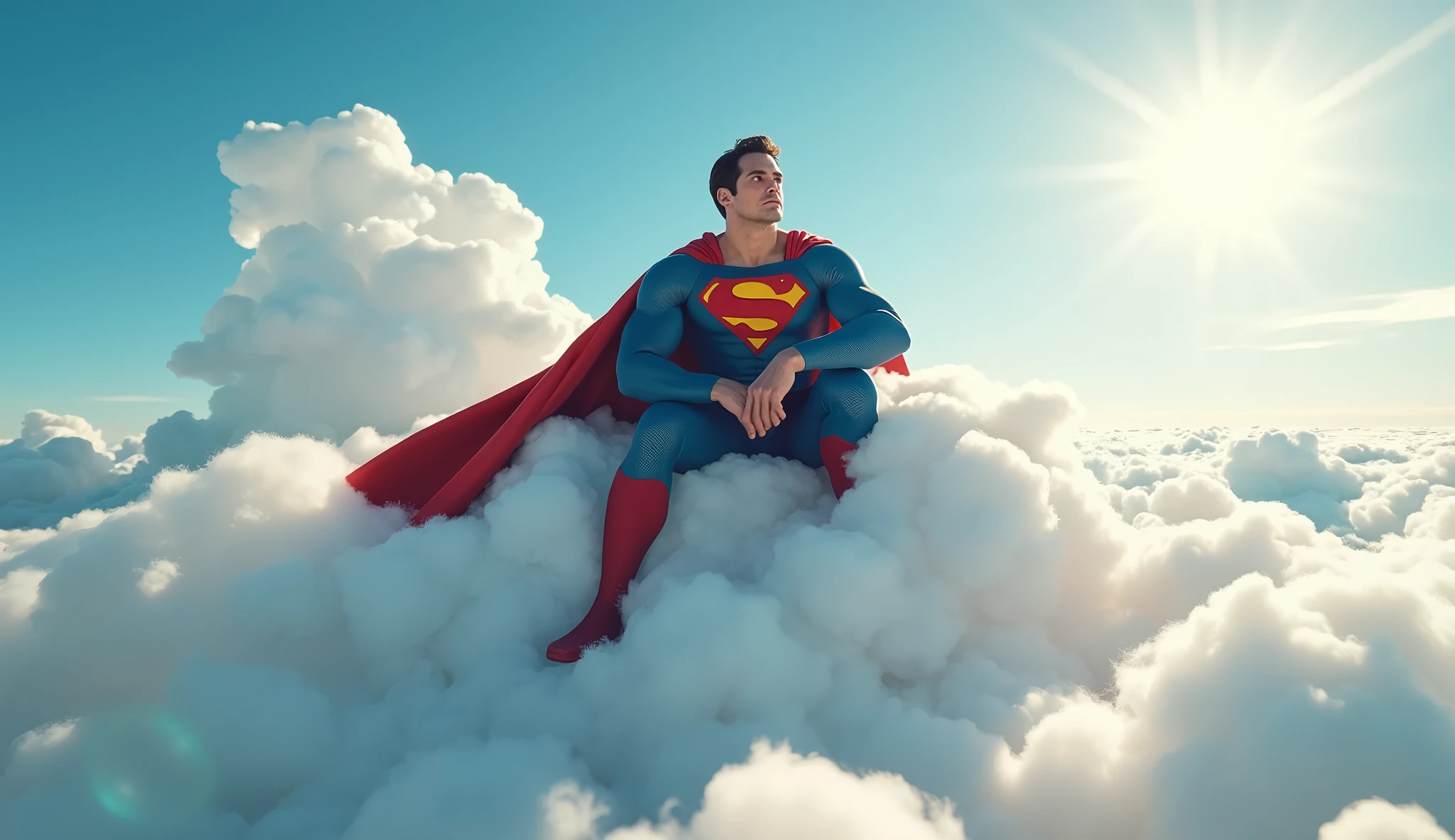 Superman sitting on a cloud, the cloud forms the writing "Asura is a nerd", ultra realistic, realism, hiperrealism 