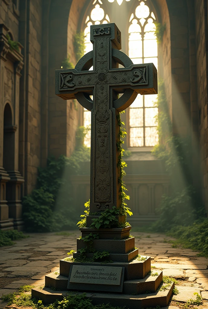 Make a monument resembling a stone cross, com about placa escrita axolomeinem Next from bi'pfi person tsi, in a monumental building abandoned for 130 years, make the image photo realistic.