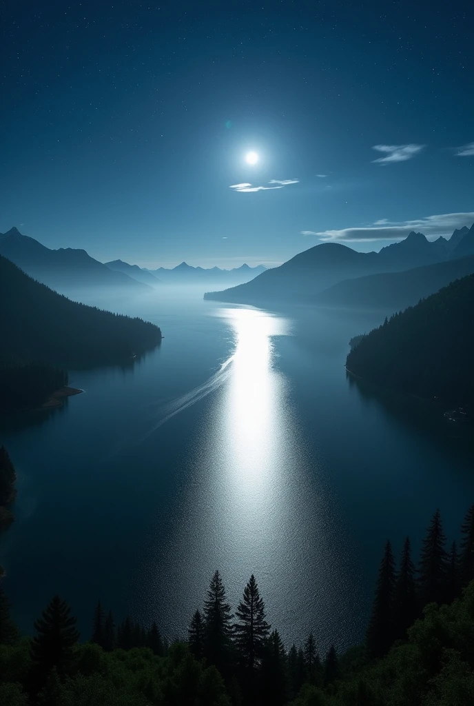 Lake landscape at night from above