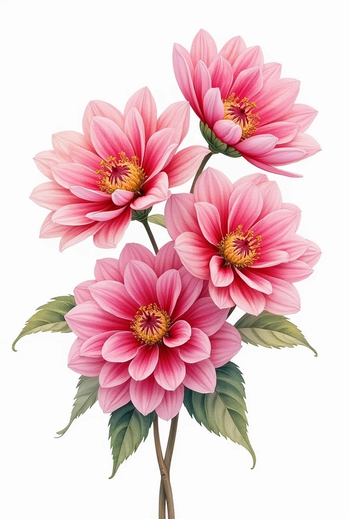 a robust bouquet with a couple of flowers in watercolor illustration of spring pink Dahlia flower, isolated white background, vintage oil paint style