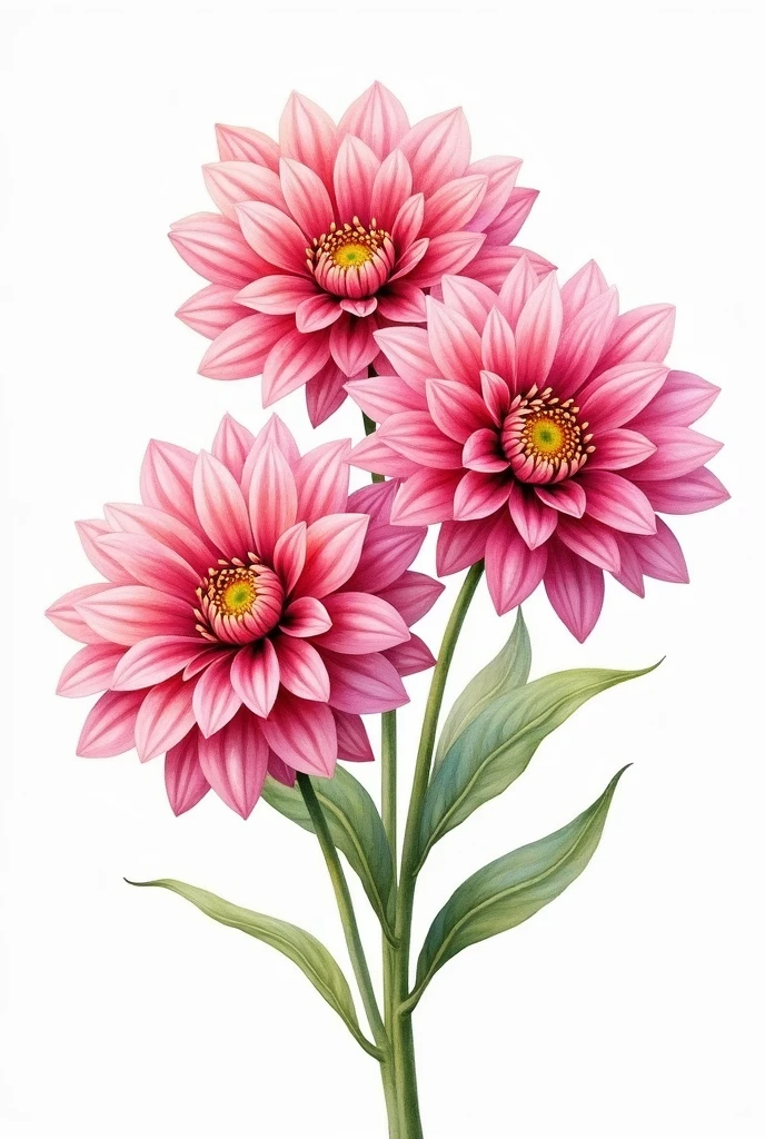 a robust bouquet with a couple of flowers in watercolor illustration of spring pink Dahlia flower, isolated white background, vintage oil paint style