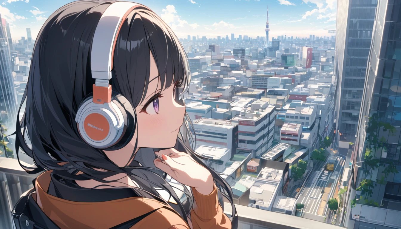 Black haired woman with headphones looking at the city of Tokyo,Streetscape、listen to music、Japanese