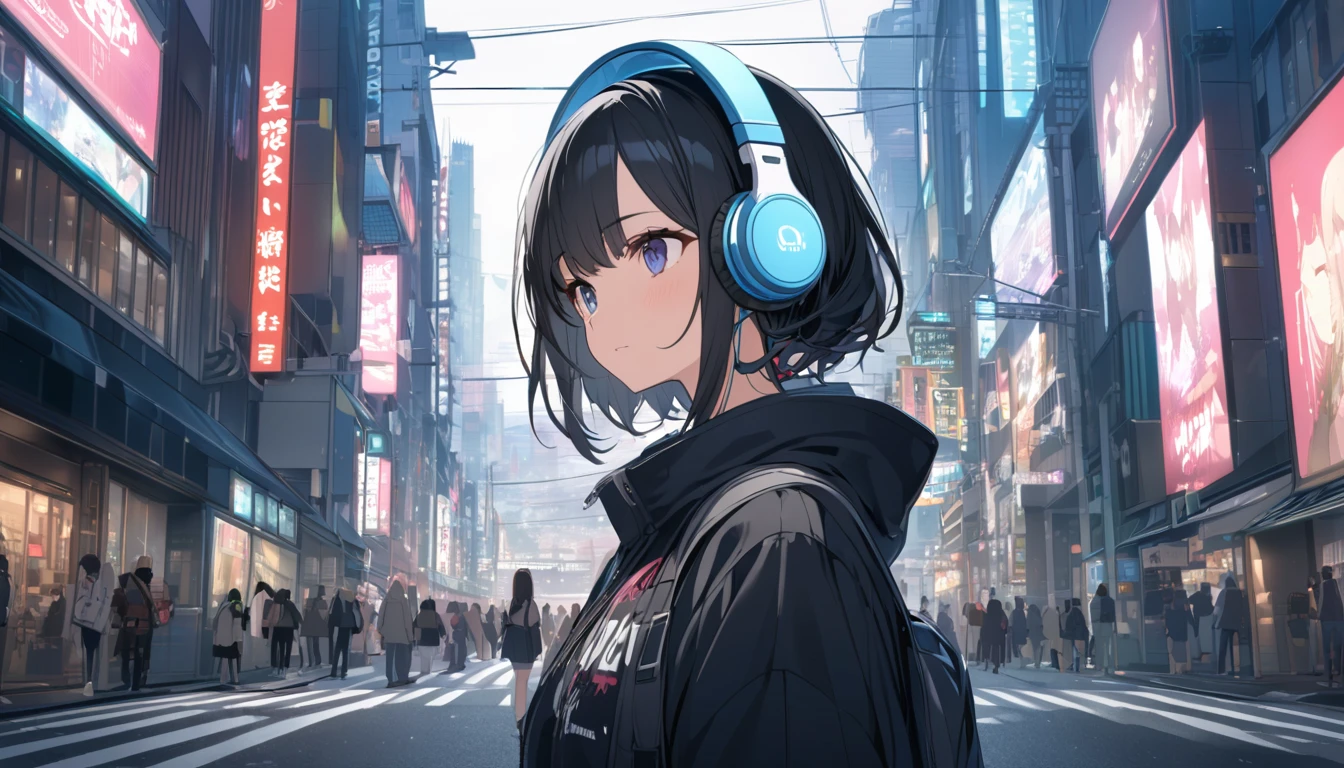 Black haired woman with headphones looking at the city of Tokyo,Streetscape、listen to music、Japanese