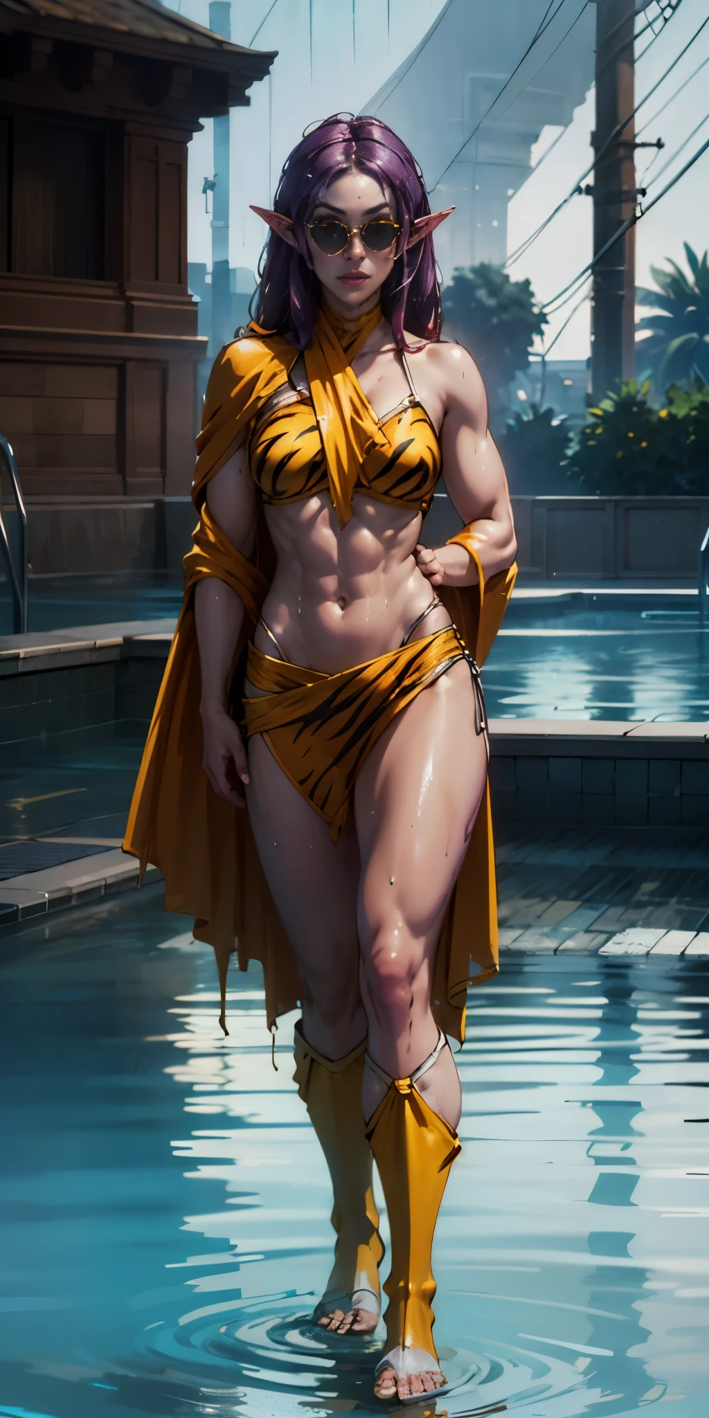 Full body, masterpiece, 1solofemale drow elf purple skin standing pose (yellow tiger bikini) red cape, red bikini, long white hair, strong body, abs, Ultra Quality, shiny skin, Atmospheric, 8K, Cinematic ((Street background)) BREAK, sunglasses (wet rainy, wet by rain, wet body :1.2) ultra-detailed face, detailed lips, detailed eyes, double eyelid, sensual low-necked dress, open neckline, hanging breasts, side pose, visible curves, pool, poolside, red transparent robe, sunglasses, muscular turned leg