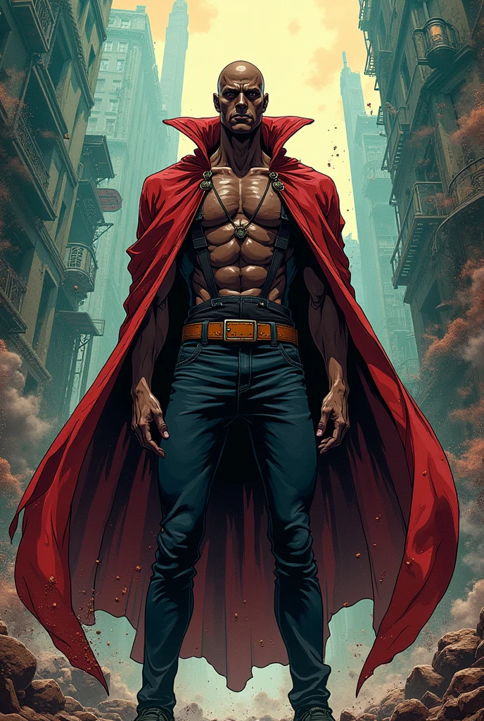 Create a full body 2d illustration of a dark skinned man, baldie, wearing an old cloak in the style of the anime jojo