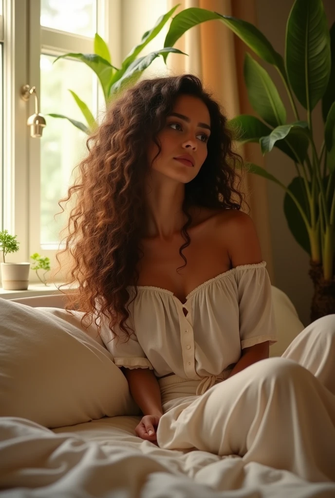 (photorealism:1.2), beautiful woman, sitting on bed, wearing loose off-shoulder top, pajama pants, long curly hair, indoors, soft lighting, plants in background, window with sunlight, cozy room, relaxed pose, realistic, intricate details, warm colors, by Greg Rutkowski, by Alphonse Mucha