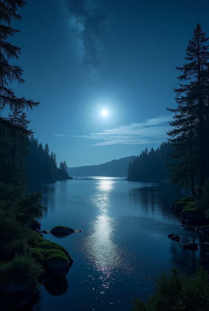 Lake landscape at night from above