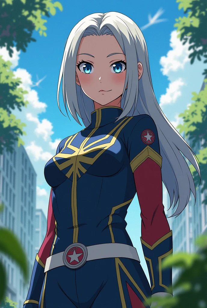 anime woman, blue eyes, grey hair, pale brown skin, Boku no hero academia uniform